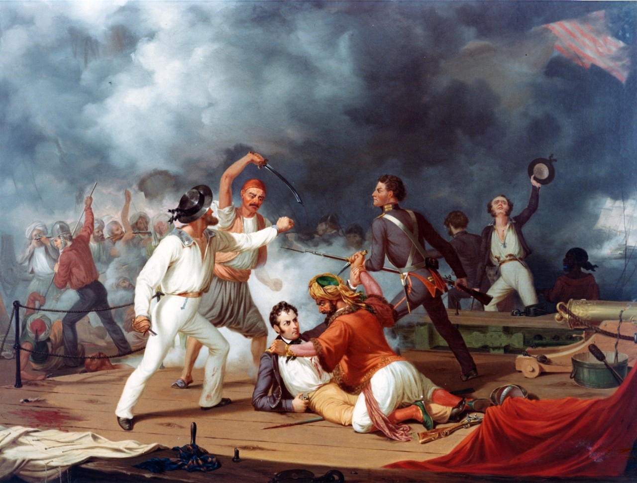 "Stephen Decatur's Conflict with the Algerine at Tripoli" during the boarding of a Tripolitan gunboat on 3 August 1804. Oil over print on canvas, 30” x 25”, by an unidentified artist, after Alonzo Chappell (1829-1887). Painting in the U.S. Naval Academy Museum Collection. Gift of Chester Dale, 1942. (Official U.S. Navy Photograph KN-10949)