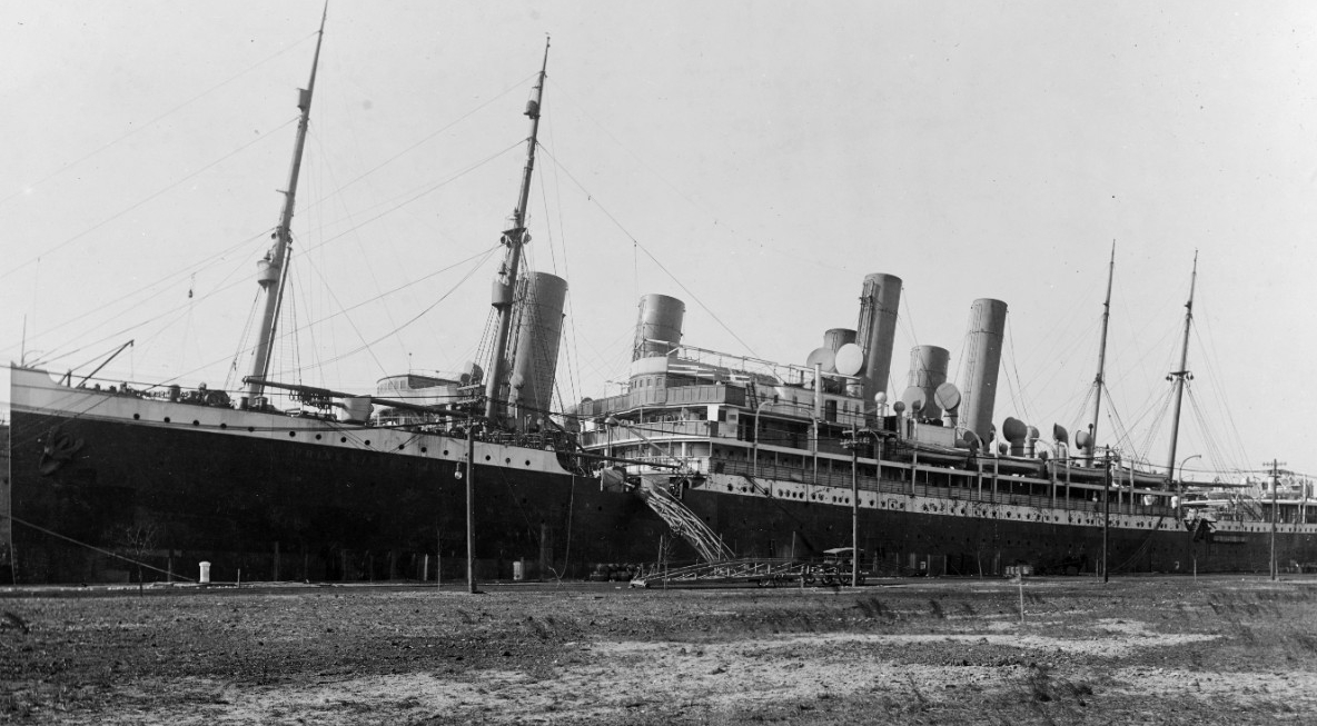 Prinz Eitel Friedrich interned at the Philadelphia Navy Yard, Pa., 28 March 1917, with Kronprinz Wilhelm [later Von Steuben (Id. No. 3017)] looming behind her. (Naval History and Heritage Command Photograph NH 54659)