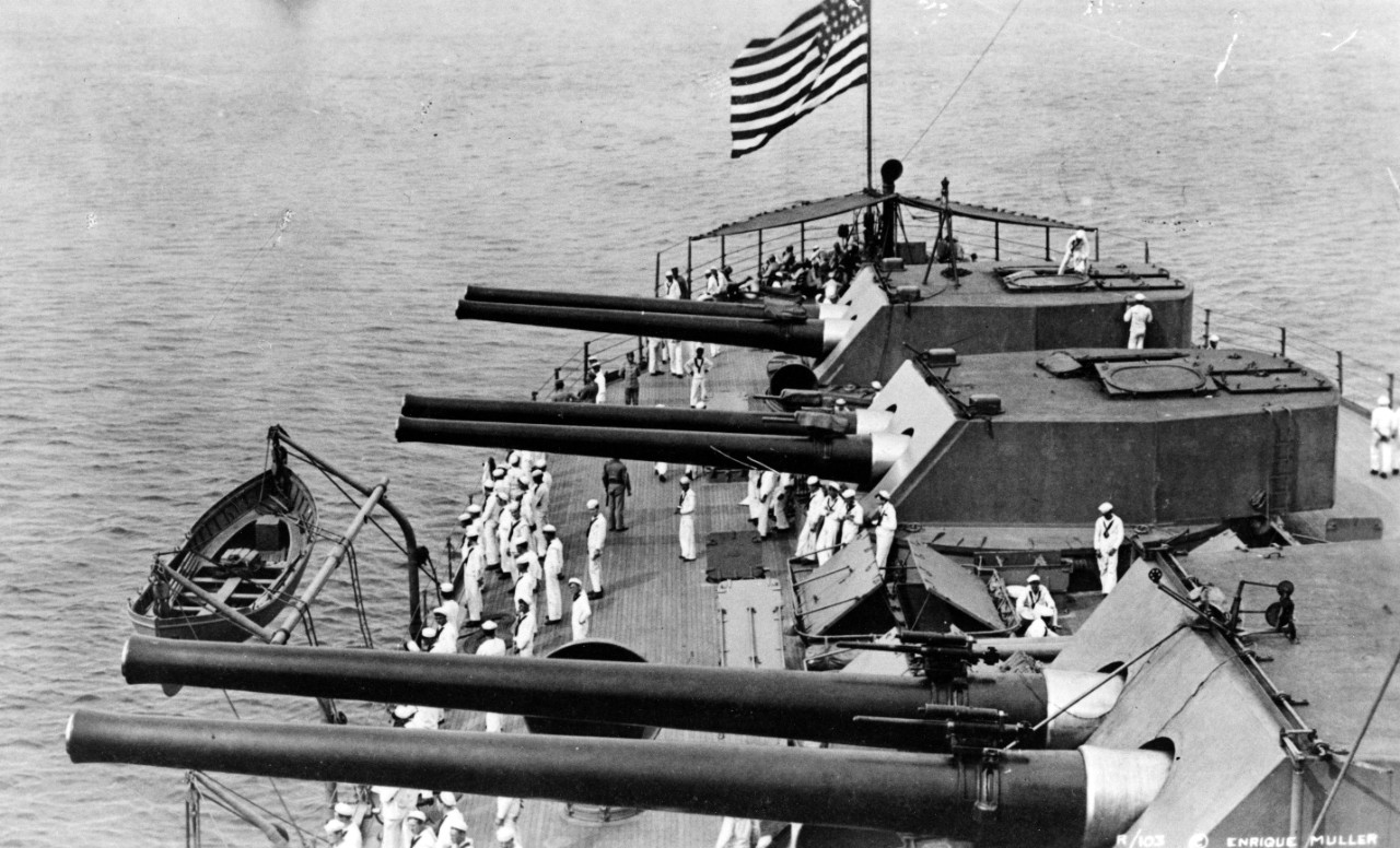 Ship's after three 12-inch/45 caliber twin gun turrets, circa 1913. Photographed by Enrique Muller. Note the sub-caliber spotting rifles mounted on the barrel of each heavy gun, gunsight practice gear fitted across the top front of each turret, a...