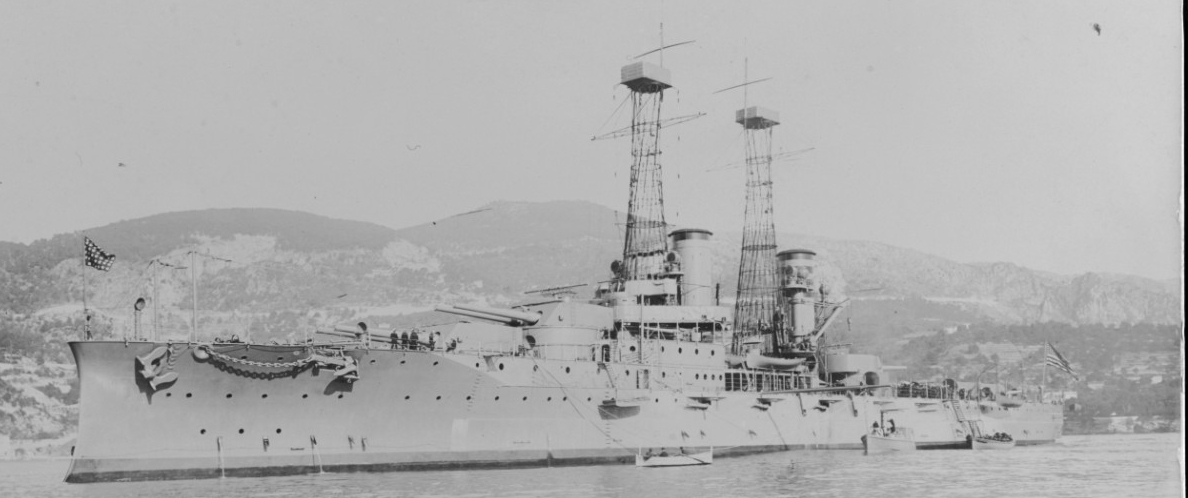Delaware at Villefranche, France, circa 1913. Photographed by J. Giletta, Nice. Donation of John M. Alexy, 1977. (Naval History and Heritage Command Photograph NH 88519)
