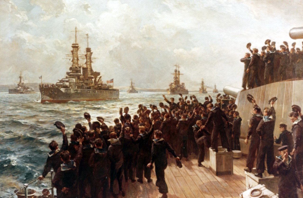 "Arrival of the American Fleet at Scapa Flow, 7 December 1917." Oil on canvas by Bernard F. Gribble, depicting Battleship Division Nine being greeted by British Adm. Sir David Beatty and the crew of HMS Queen Elizabeth. Ships of the American colu...