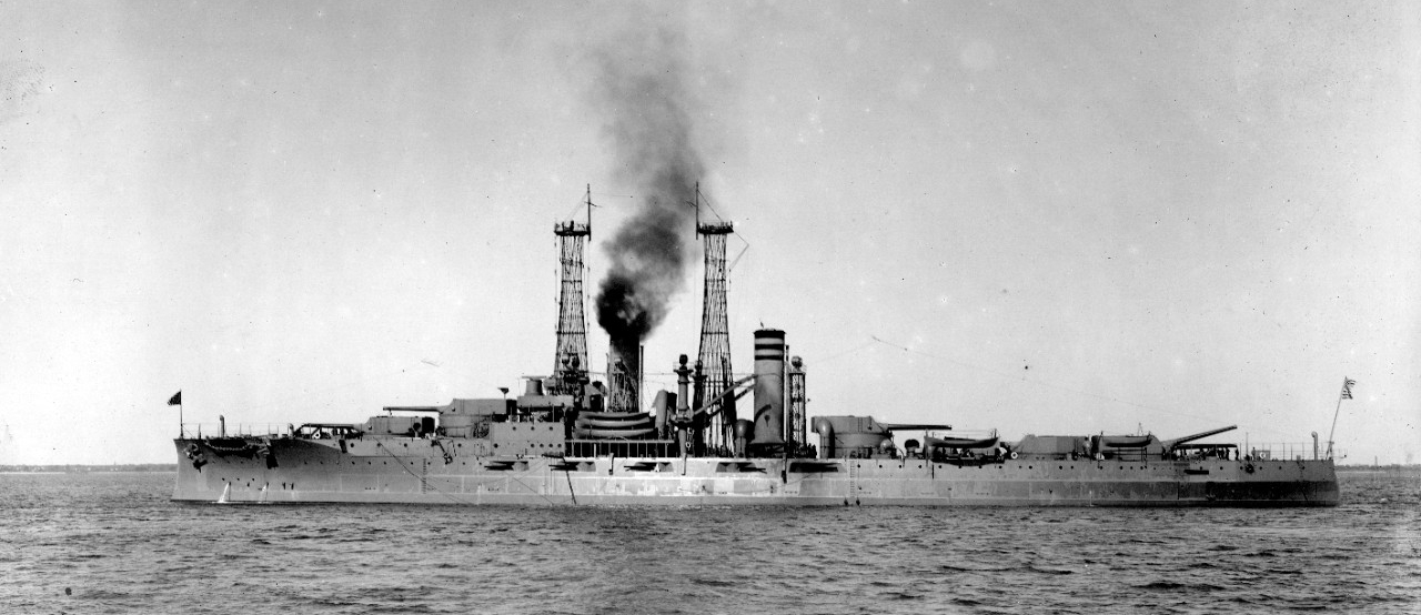 Delaware photographed circa 1911. Note that the 12-inch/45 caliber guns of her after turret are at different elevations. (Naval History and Heritage Command Photograph NH 96126)
