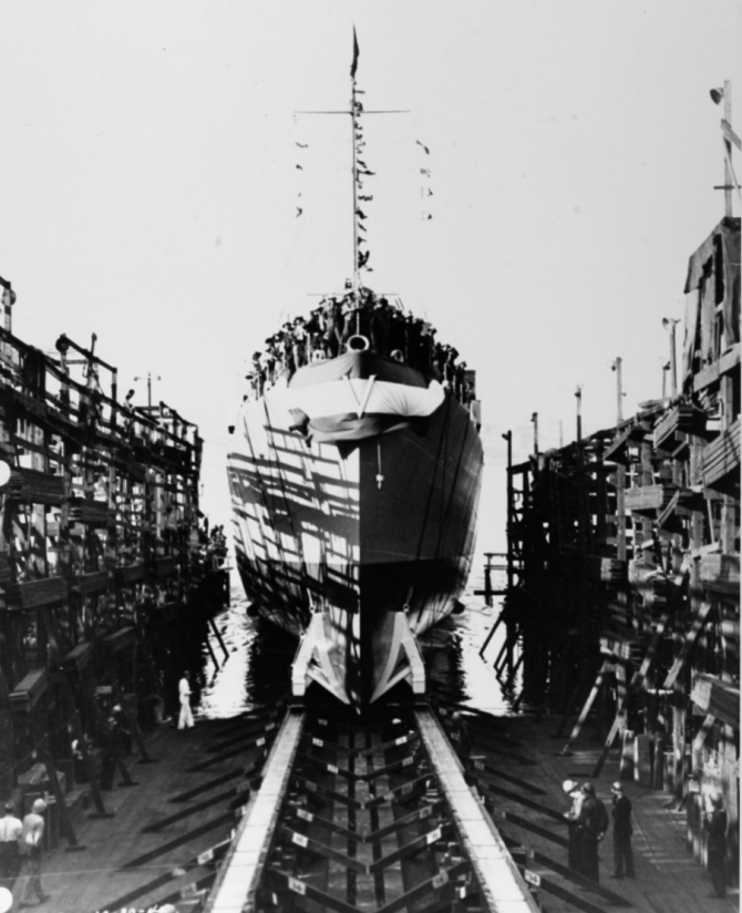 Douglas H. Fox launches at Todd-Pacific Shipyards, Inc., Seattle, Wash., 30 September 1944. (Unattributed U.S. Navy Photograph NH 67421, Photographic Section, Naval History and Heritage Command)