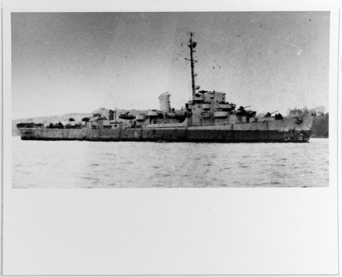 This starboard beam view of the ship shows her additional 40 millimeter guns refitted in place of the torpedo tubes, mostly liken taken in 1945 while she prepared to fight the Japanese. (U.S. Navy Photograph NH 79830, donated by Donald M. McPherson in 1974, Photographic Section, Naval History and Heritage Command).