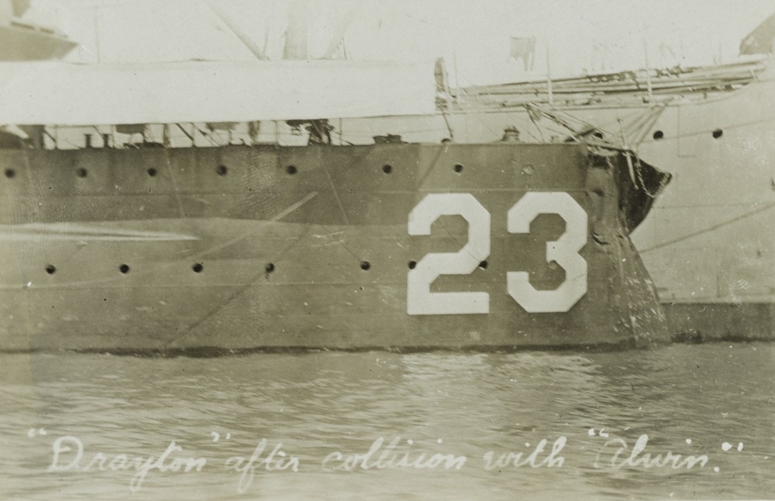 Drayton, damage to the ship's bow, after a collision with Aylwin (Destroyer No. 47). The original image was printed on postal card stock. Donation of Dr. Mark Kulikowski, 2006. (Naval History and Heritage Command Photograph, NH 103932) 
