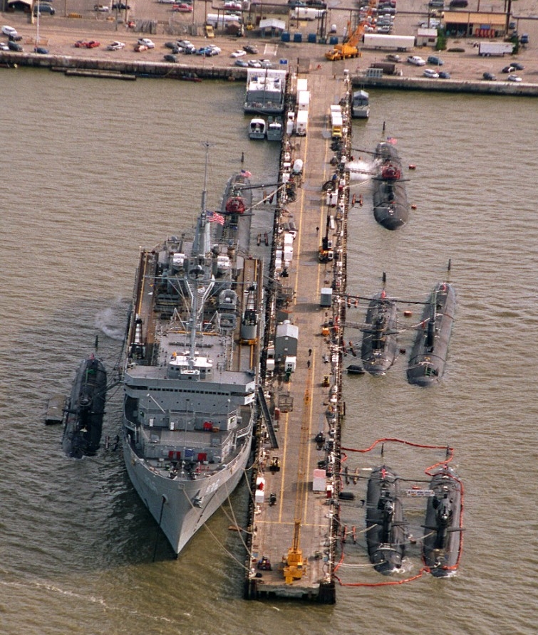 Submarine tender L.Y. Spear (AS-36) provides services to multiple Los Angeles- and Sturgeon-class submarines at Norfolk Naval Base. Finback lies directly across from L.Y. Spear’s stern on the other side of the pier. (Photo by Robert J. Sitar, DIM...