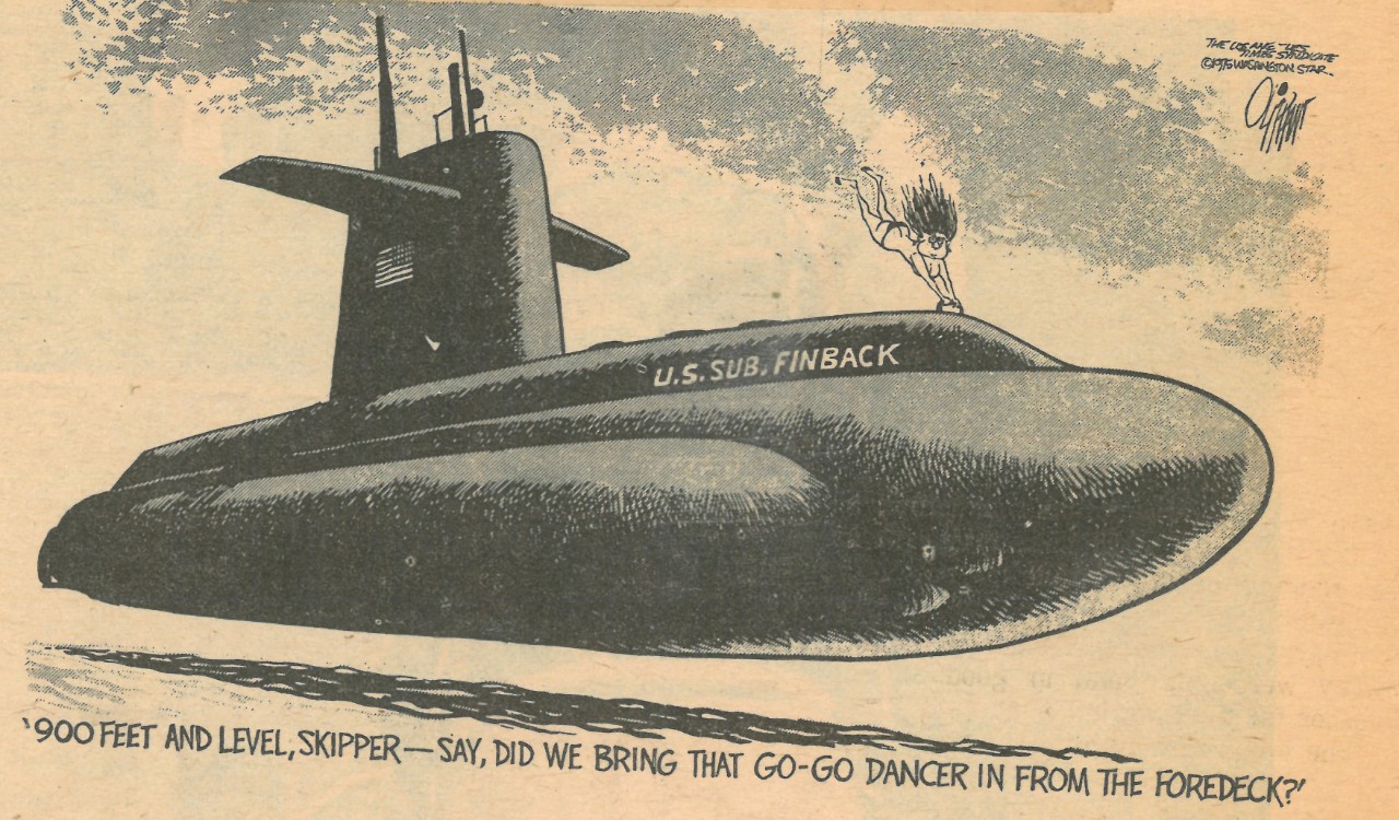 Although the Navy did not consider it to be a laughing matter, the Cat Futch Incident inspired all sorts of humorous headlines and artwork in newspapers around the country. (16 September, 1975, The Groton News, NHHC Archives)