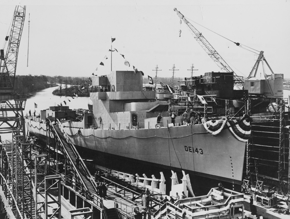 Fiske prior to launch at the Consolidated Steel Corporation shipyard, Orange, Texas, 14 March 1943. (Naval History and Heritage Command Photograph NH 102966)