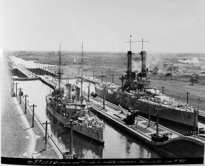 Olympia (Cruiser No. 6) and Florida in the middle chambers of the Gatun Locks, 13 June 1922. (National Archives, Still Pictures Division, RG 185-G Vol. 10 # 63)