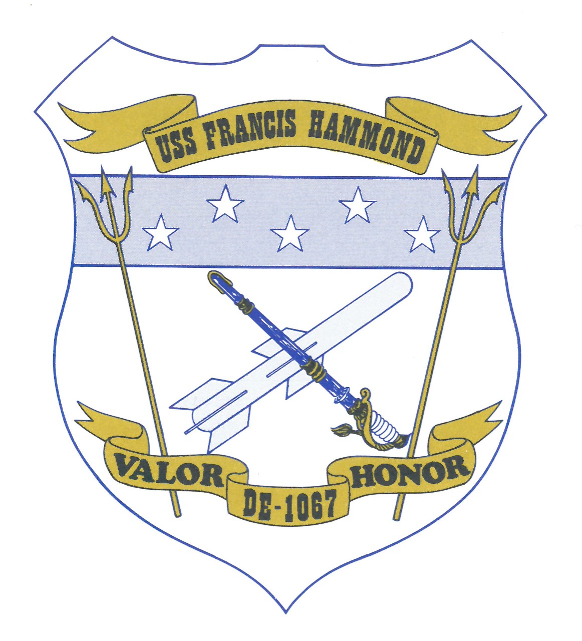 Francis Hammond’s insignia honors the life and deeds of HM3 Francis C. Hammond, as well as the ship’s own role in protecting the United States. Shaped similar to a hospital corpsman’s badge, the crest bears a blue stripe with five stars symbolizi...