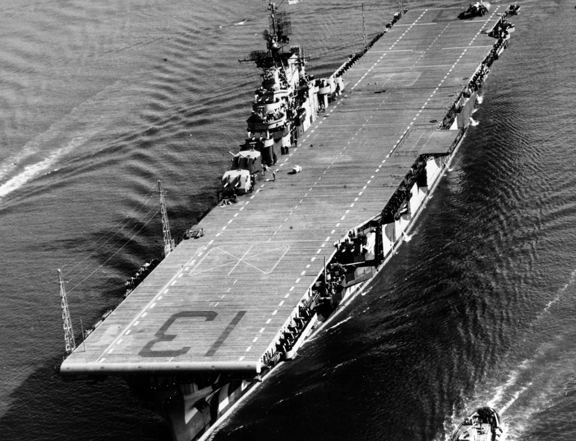 Franklin navigates the Elizabeth River, off Norfolk, Va., 21 February 1944. (U.S. Navy Photograph 80-G-224596, National Archives and Records Administration, Still Pictures Division, College Park, Md.)