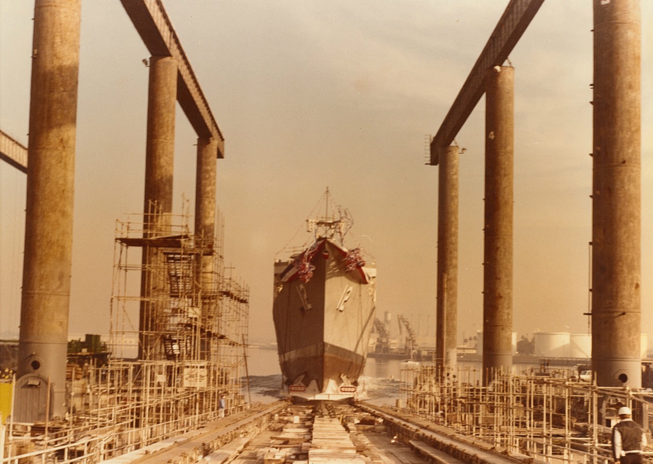 George Philip (FFG-12) slides down the ways at Todd Pacific Shipyards at her launching, 16 December 1978. (Ship Name and Sponsor Files Box 81, George Philip History, Naval History and Heritage Command)