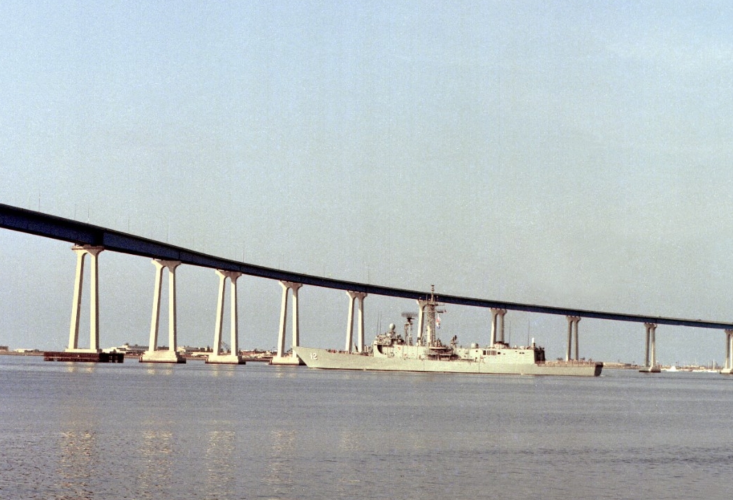 George Philip heads toward the Coronado Bridge, San Diego, circa 1984. (U.S. Navy Photograph DN-SC-85-01742, PHC O’Connor, National Archives and Records Administration, Still Pictures Division, College Park, Md.)