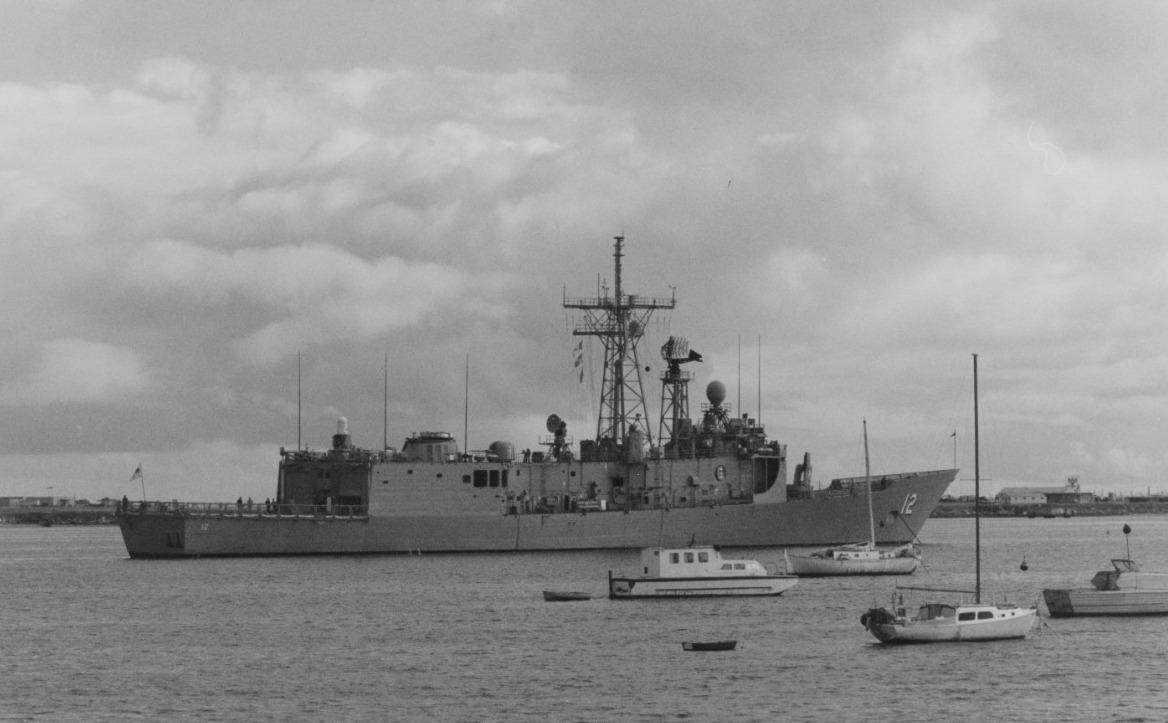 George Philip at anchor off San Diego, March 1986. (U.S. Navy Photograph, Operations Specialist John Bouvia, Naval History and Heritage Command Photograph NH 107570-KN)