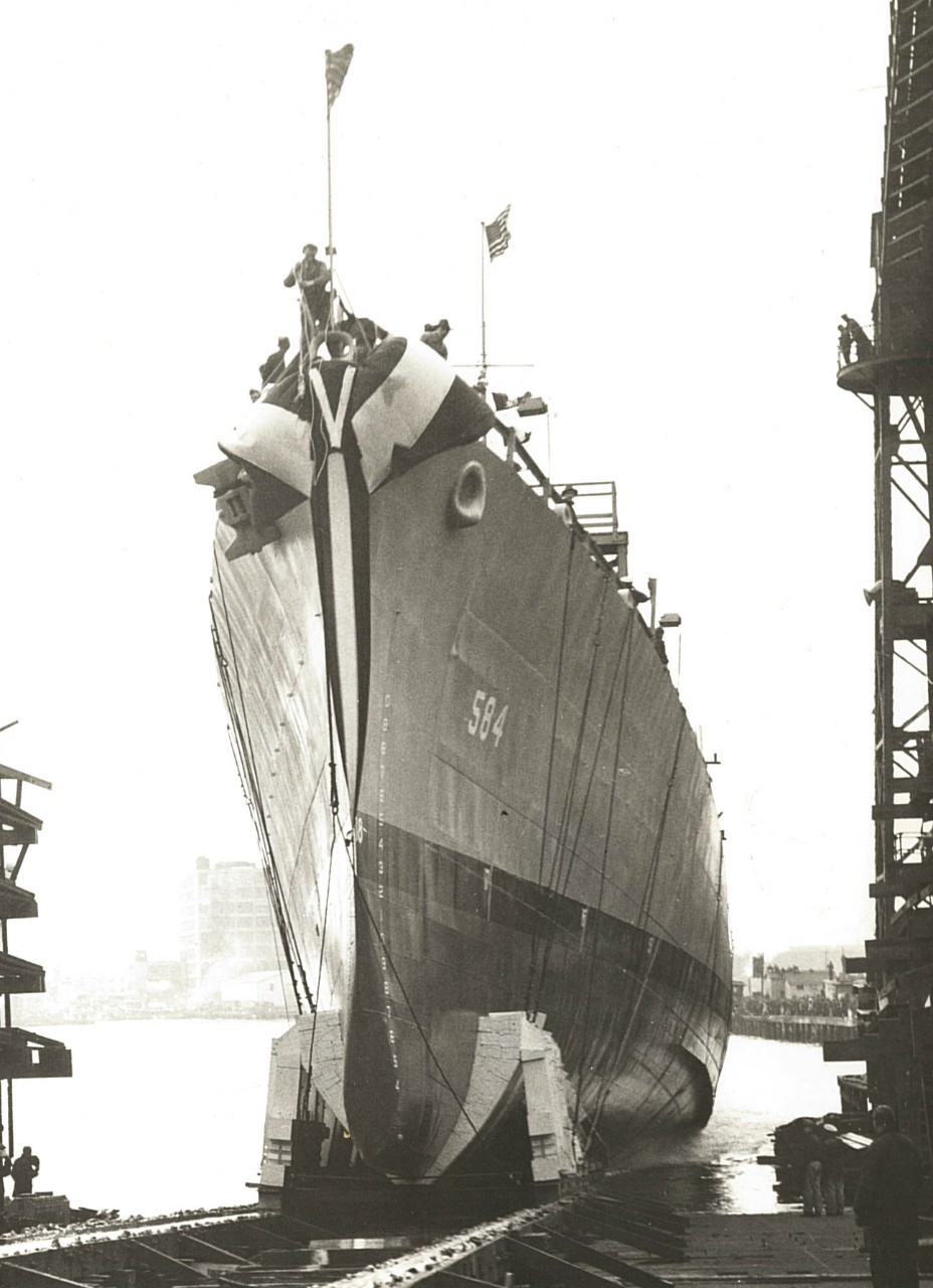 Halligan slides down the ways at the Boston Navy Yard, Boston, Mass., 19 March 1943. (Ship Naming Files Box 90, Halligan History, Naval History and Heritage Command)