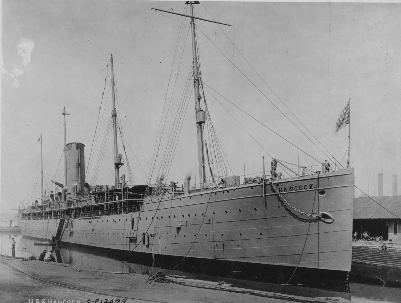 Hancock in port, date unknown, her name clearly visible in raised letters on the starboard bow. (U.S. Navy Bureau of Ships Photograph19-N-12079, National Archives and Records Administration, Still Pictures Division, College Park, Md.)
