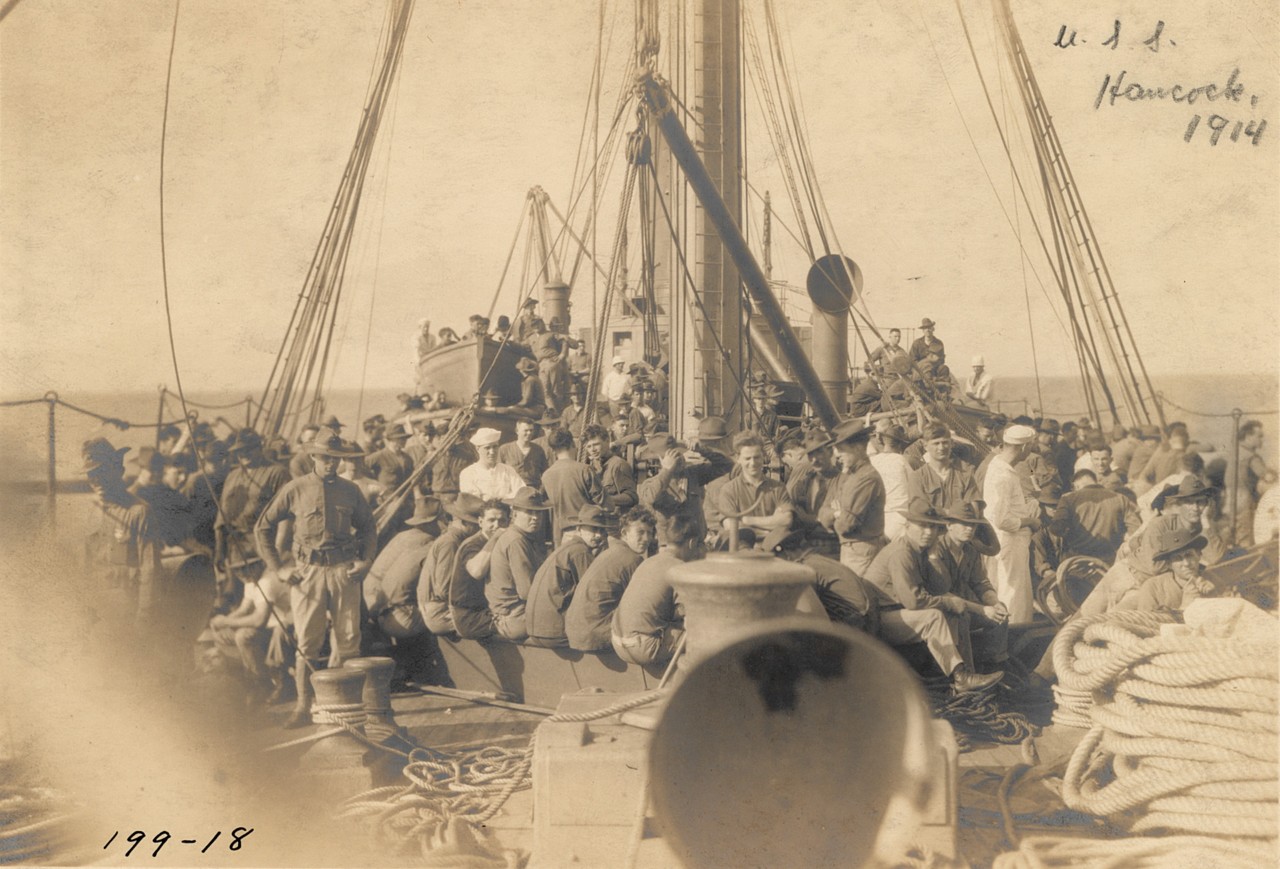 Marines embarked on board Hancock in 1914. Official U.S. Navy Photograph. (Naval History and Heritage Command Archives, Decommissioned Ships Files, Box 353, Hancock Photos Folder)