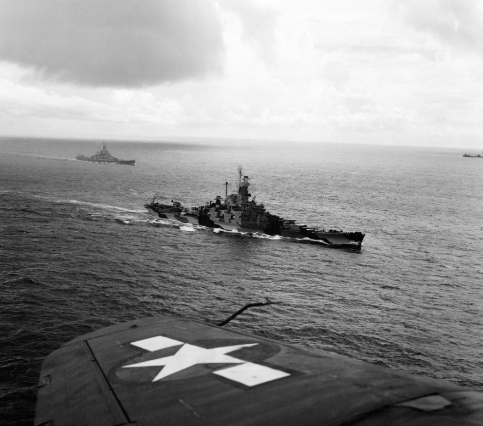 Indiana sails in the Pacific, probably while the ship makes for the Marshall Islands to support the invasion of Kwajalein, late January 1944. (Naval History and Heritage Command Photograph NH 52662)