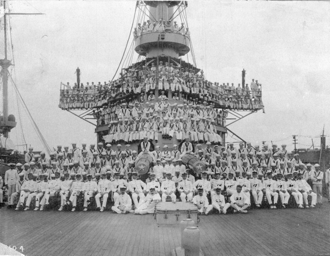 Men of the ship’s company pose on her foredeck, 1906. Capt. Benjamin F. Tilley, the commanding officer, sits eleventh from the left in the front row. Capt. James C. Breckinridge, USMC, the senior marine officer on board, is on his right, the seventh from the left. (Naval History & Heritage Command Photograph NH 97948, Naval Historical Foundation)