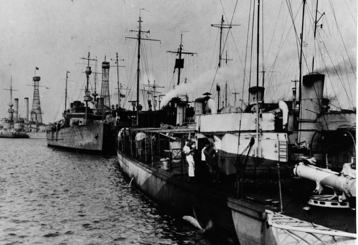Ships awaiting decommissioning at the Philadelphia Navy Yard in March 1920. Those identifiable include: Iowa (Battleship No. 4), at far left; Isabel, left center; Lawrence (Destroyer No. 8), foreground; and Perry (Destroyer No. 11), inboard of Lawrence. (Naval History and Heritage Command Photograph NH 52104)