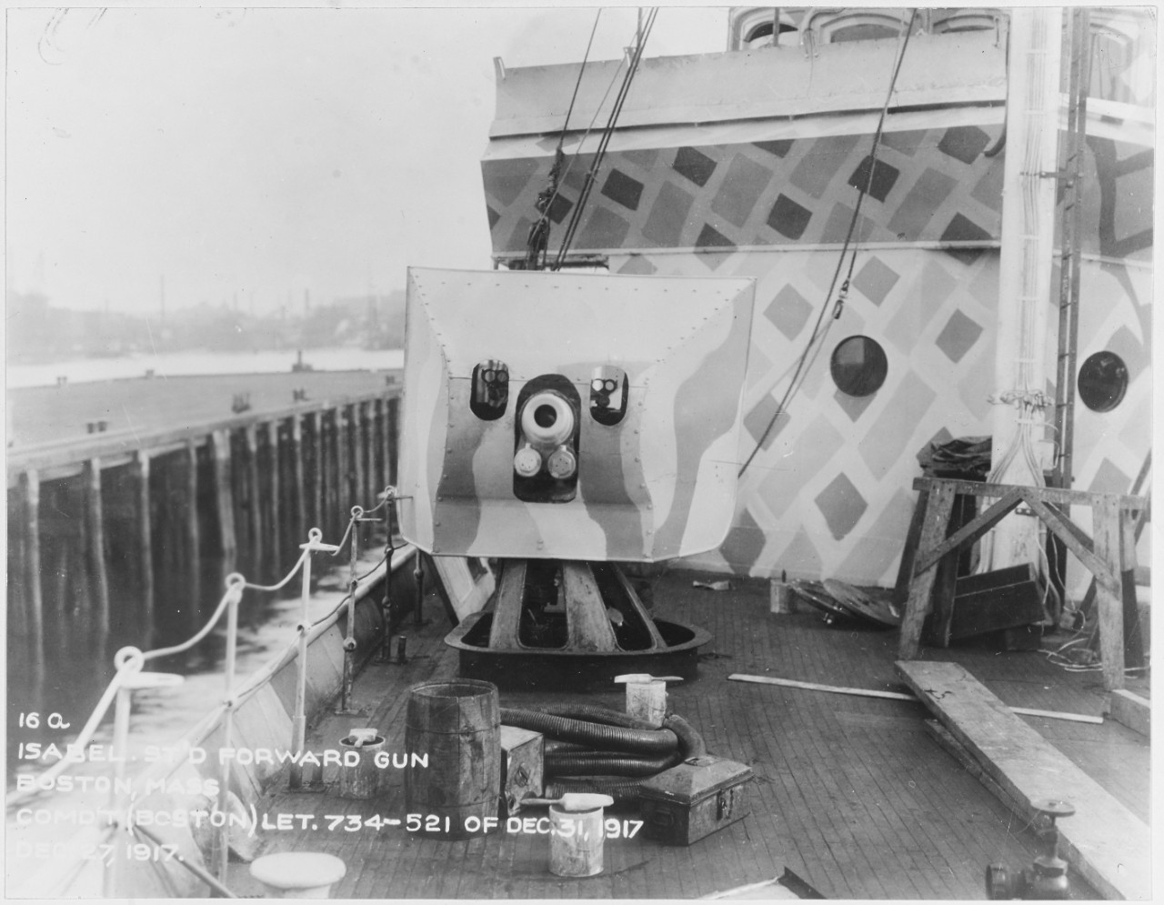View on the forecastle, showing the ship's starboard forward 3-inch/50 caliber gun. Photographed at the Boston Navy Yard on 27 December 1917. (Naval History and Heritage Command Photograph NH 545)