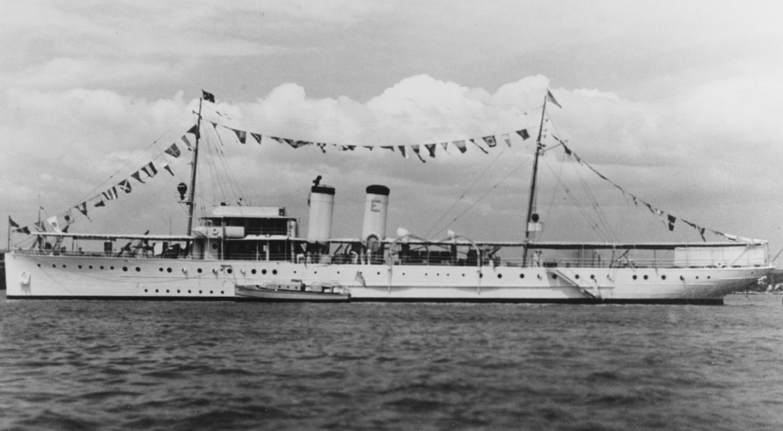 Isabel -- flying the four-star flag of the Commander in Chief, U.S. Asiatic Fleet -- at Hankow on 14 May 1937, dressed overall in honor of the coronation of King George VI of England. (Naval History and Heritage Command Photograph NH 83530)