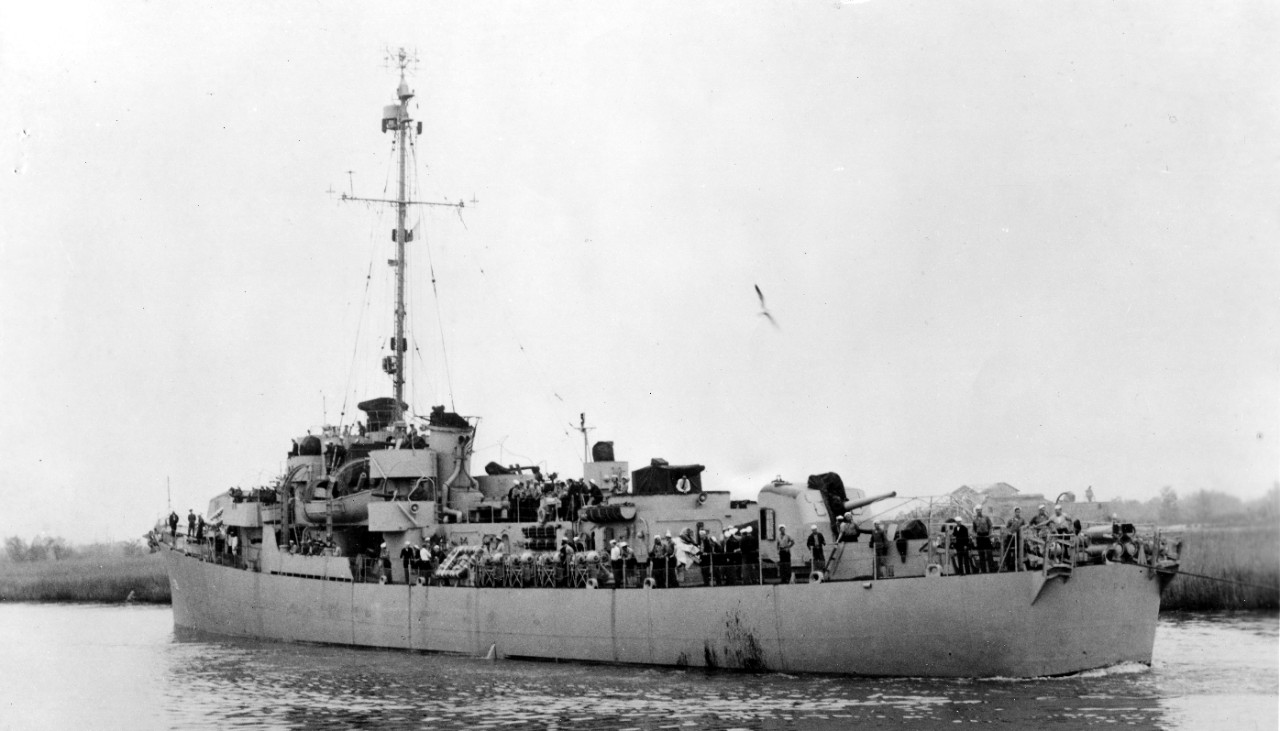 John C. Butler, being towed by the stern, shortly after completion, and prior to application of camouflage. (U.S. Navy Bureau of Ships Photograph BS-70488, National Archives and Records Administration, Still Pictures Division, College Park, Md.)