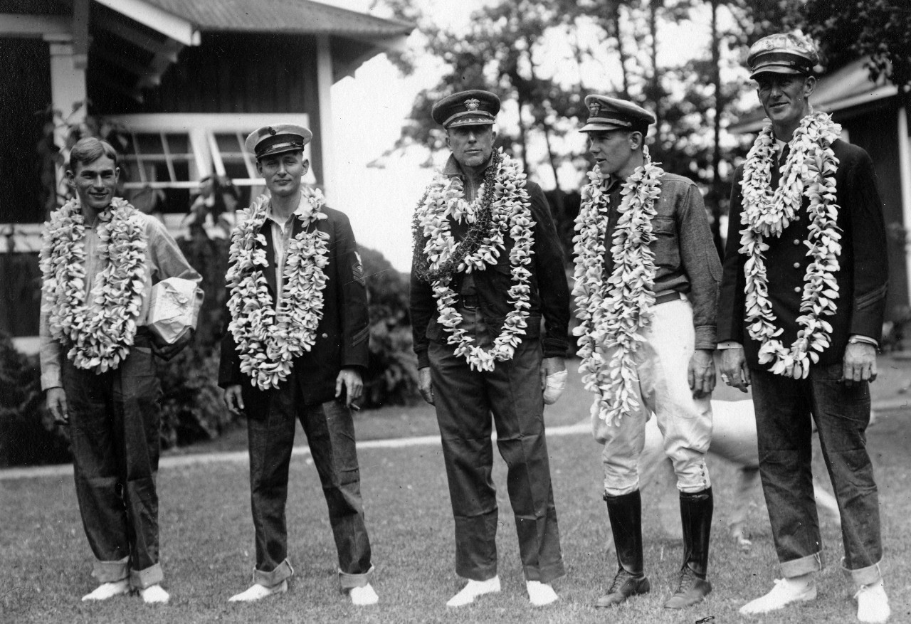 Cdr. John Rodgers (center) and crew of PN-9 No.1 after their arrival at Kauai, Hawaii, September 1925. (James D. Rorabaugh, Jr. Collection photograph UA 555.05, Naval History and Heritage Command)