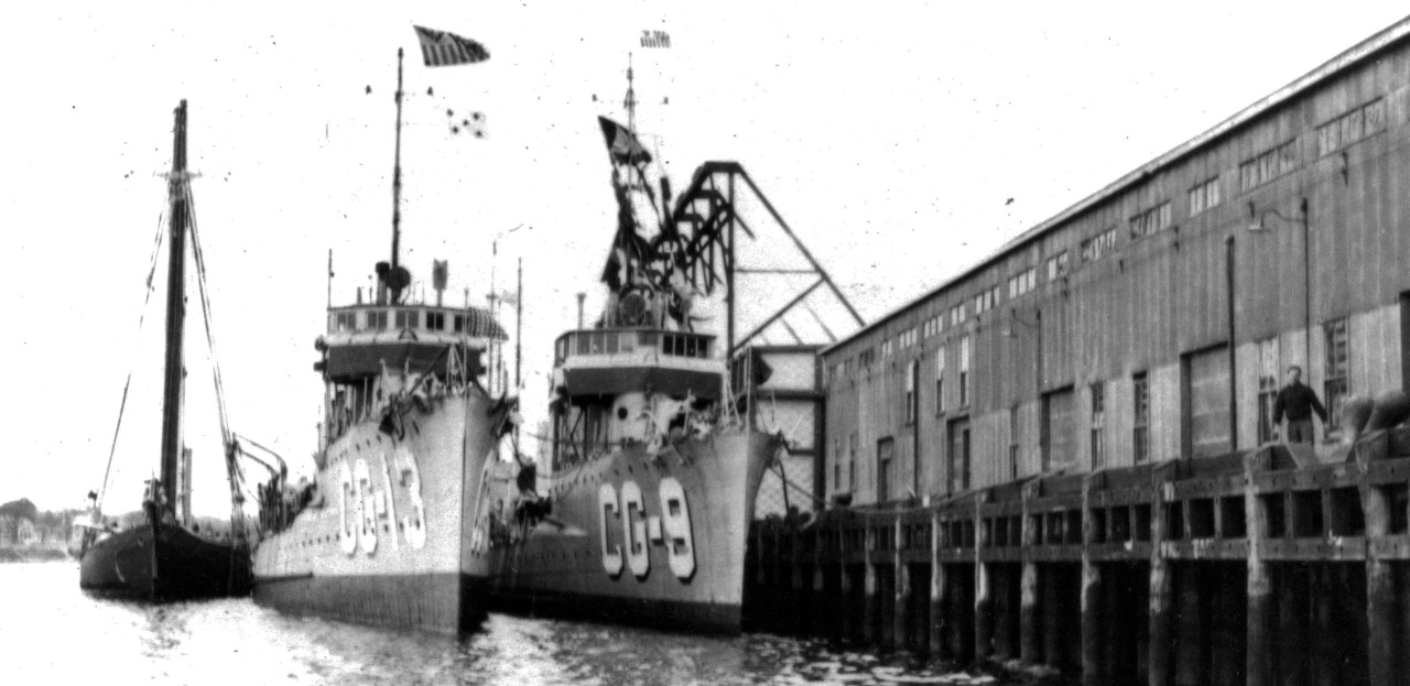 Undated view of USCGD Jouett (left) and USCGD Beale (CG-9) at New London. (U.S. Coast Guard Photograph, U.S. Coast Guard Historian’s Office).