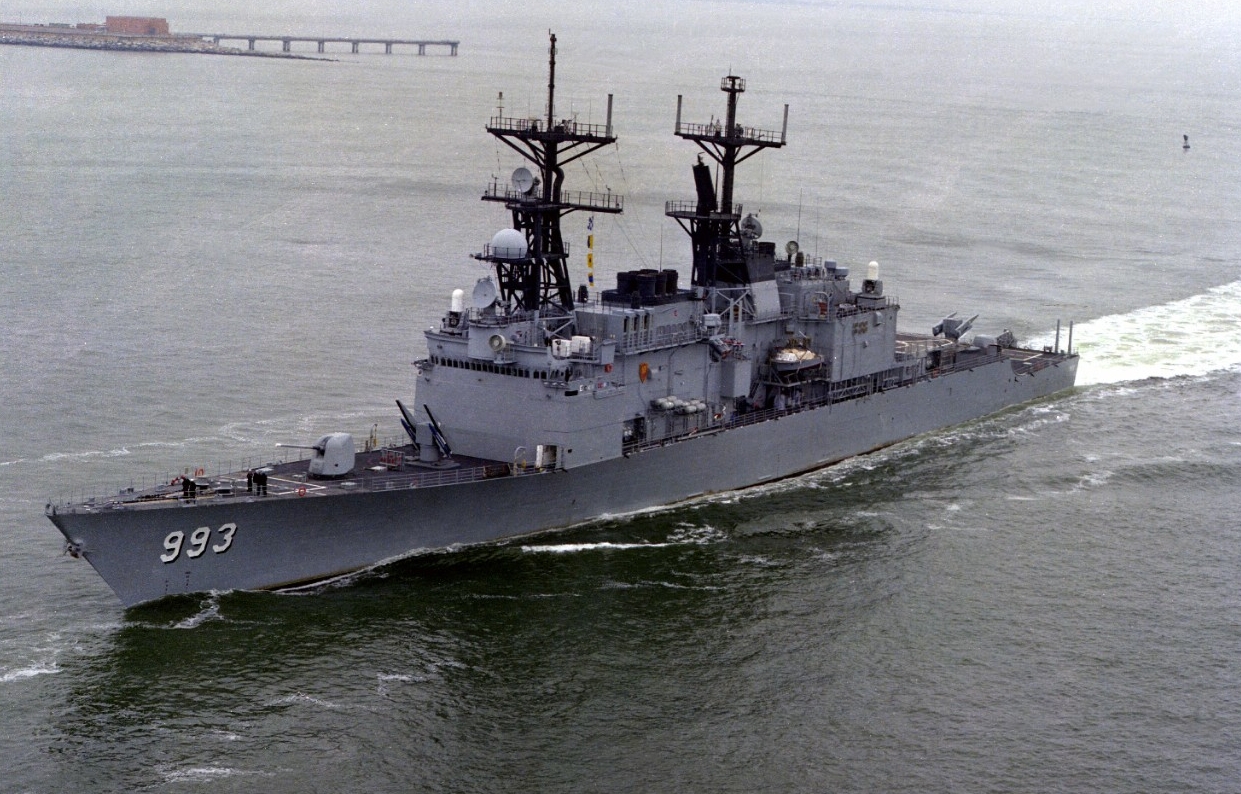 A port bow view of Kidd (DDG-993) crossing Thimble Shoals, 1 February 1984.  (U.S. Navy Photo by PH2 K. Bates, DIMOC #DN-SC-88-09212)