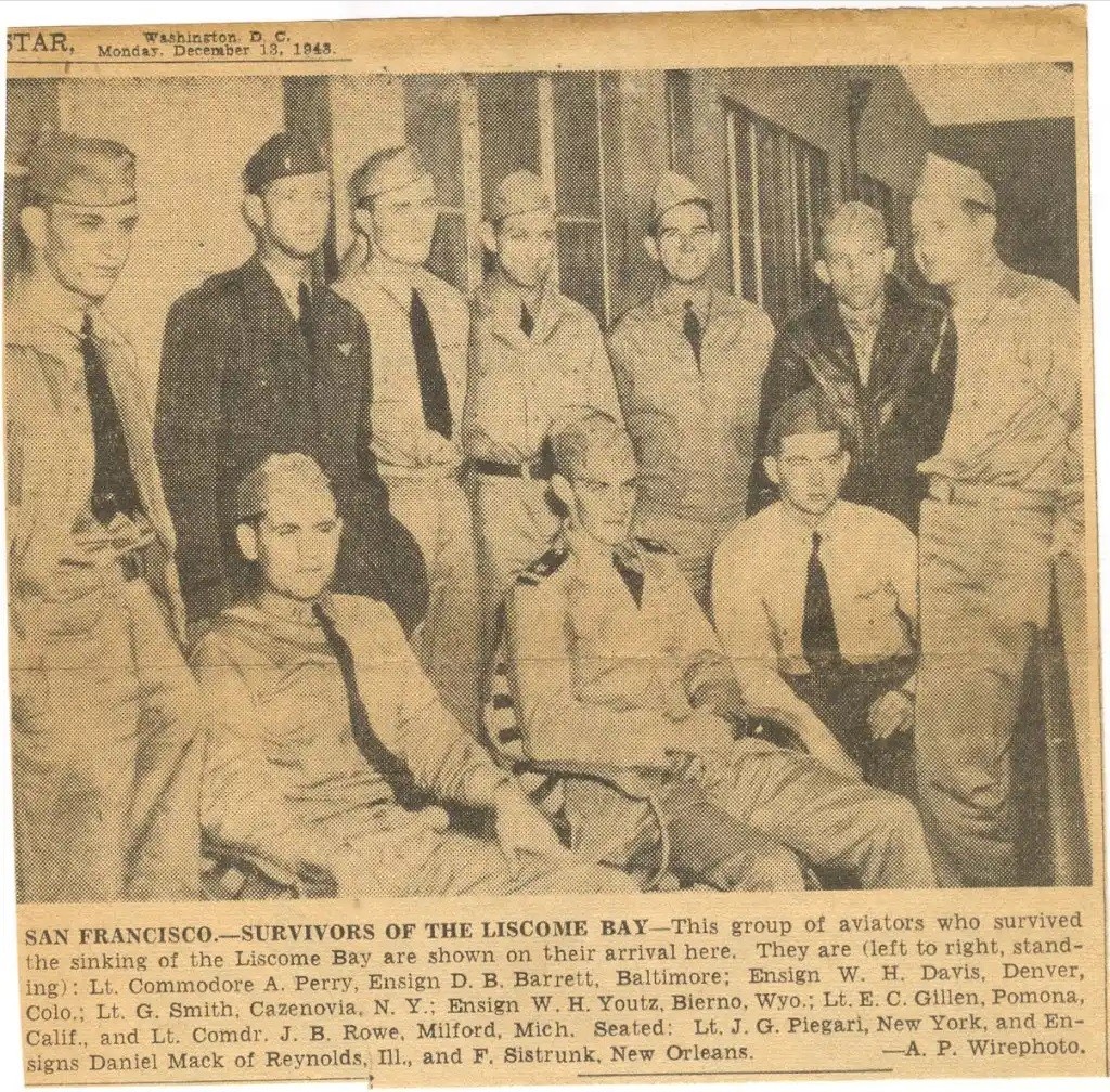 Newspaper image showing 10 survivors of Liscome Bay - all aviators.