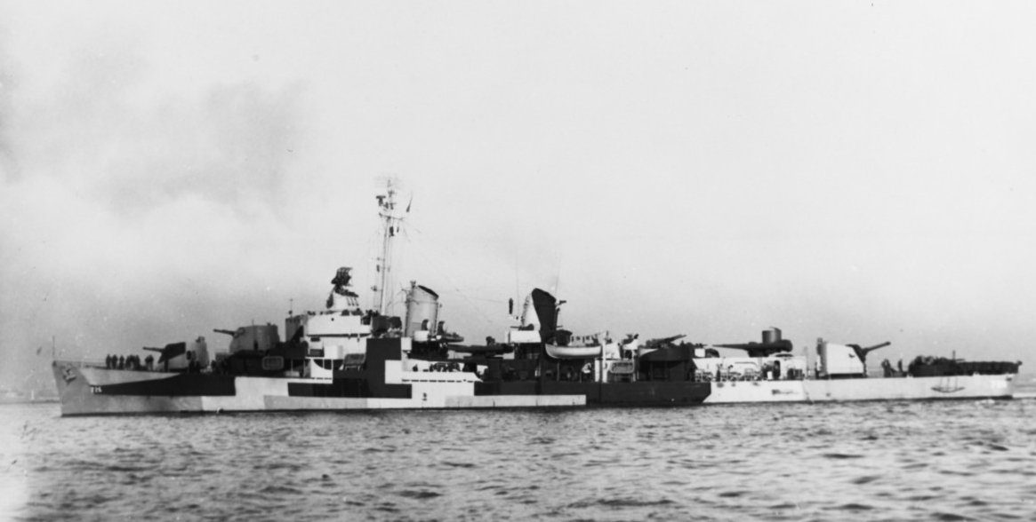 A port beam view of Meredith as she works up off the Boston Navy Yard shows her painted in Camouflage Measure 32, Design 3D, 29 March 1944. (Naval History and Heritage Command Photograph NH 89424)