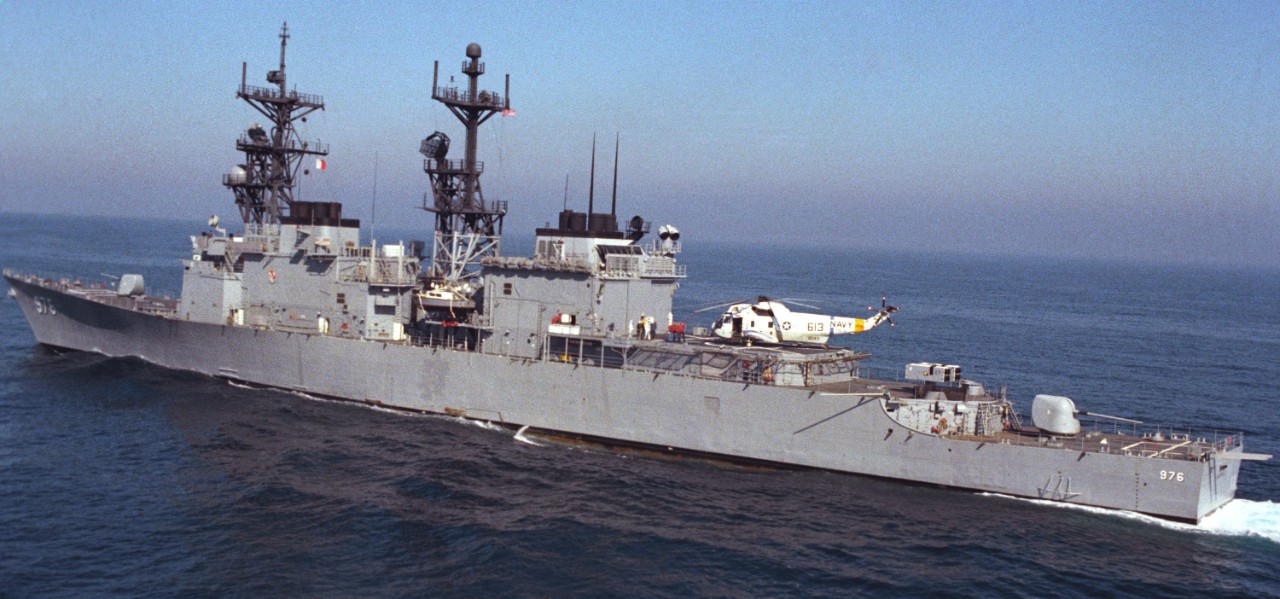 Merrill underway with Anti-submarine Squadron 6 (HS-6) SH-3 Sea King on her flight deck, 24 January 1995. (U.S. Navy Photograph 330-CFD-DN-SC-85-09595, National Archives and Records Administration, Still Pictures Division, College Park, Md.)