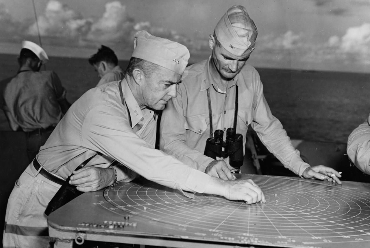 Rear Adm. Merrill (left) with Capt. William D. Brown on board the admiral’s flagship, Montpelier, 23 December 1943. (U.S. Navy Photograph 80-G-57539, National Archives and Records Administration, Still Pictures Division, College Park, Md.)