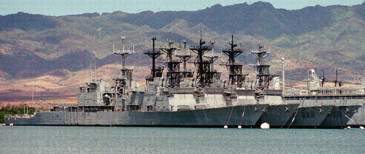 Merrill (R) lies moored with fellow decommissioned Spruance-class destroyers (L-R) Ingersoll (DD-990), Harry W. Hill (DD-986) and Leftwich (DD-984) at the Naval Ship Intermediate Maintenance Facility, Pearl Harbor, Oahu, 4 June 2000. (U.S. Navy P...