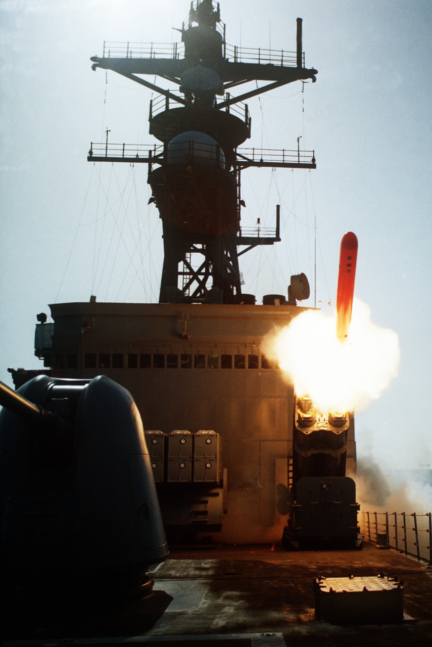 Merrill launching a Raytheon (General Dynamics) BGM-109 Tomahawk, 6 March 1983. (U.S. Navy Photograph 330-CFD-DN-SC-84-04496, National Archives and Records Administration, Still Pictures Division, College Park, Md.)