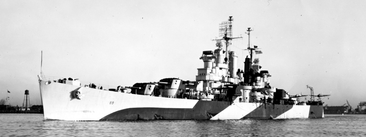 Miami underway in the Delaware River, 30 January 1944, painted in a disruptive camouflage, Measure 32, Design 1D. (U.S. Navy Bureau of Ships Photograph BS [Bureau of Ships] 60605, National Archives and Records Administration, Still Pictures Division, College Park, Md.)