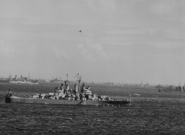 Miami at Ulithi prior to support operations against Okinawa, March 1945, as seen from the battleship West Virginia (BB-48). The original Kodachrome image has lost its color. (U.S. Navy Photograph 80-G-K-3812, National Archives and Records Administration, Still Pictures Division, College Park, Md.)