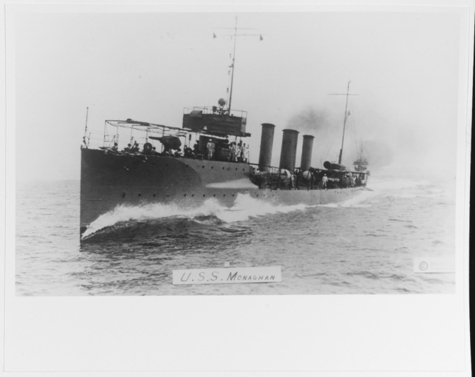 Monaghan photographed while underway prior to World War I by Waterman. Courtesy of Jack L. Howland, 1983. (Naval History and Heritage Command, NH 95195)