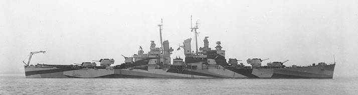 Starboard side view of Montpelier, 18 October 1944, wearing camouflage Measure 32, Design 11A. (Naval History and Heritage Command Photograph 98087)