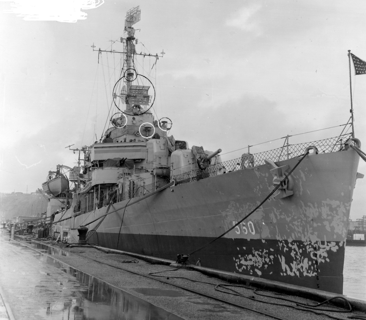 Morrison, Hunters Point, 1 February 1945, the circles on the photograph correspond to alterations carried out during the recent overhaul. Her camouflage pattern has been changed to a two-toned scheme, with the line of demarcation following the horizon instead of the sheer of the decks. (U.S. Navy Bureau of Ships Photograph, National Archives and Records Administration, Still Pictures Division, College Park, Md.)