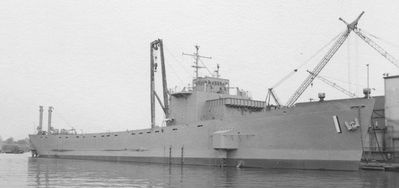 Three-quarter bow view showing one of MSS-1’s two forward inboard-outboard diesel engines, Lorain, Ohio, 28 April 1969. (U.S. Navy Photograph USN-1139005, National Archives and Records Administration, Still Pictures Branch, College Park, Md.)