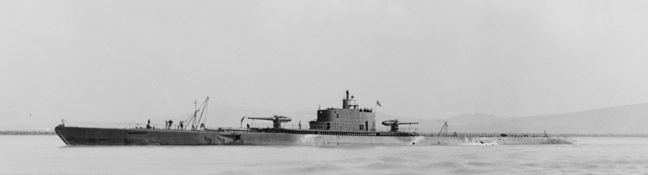 Nautilus near the Mare Island Navy Yard, on 15 April 1942, following her modernization. Note her newly installed topside torpedo tubes, and torpedoes on the main deck, forward. (U.S. Navy Bureau of Ships Photograph 19-N-29179, National Archives and Records Administration, Still Pictures Branch, College Park, Md.)