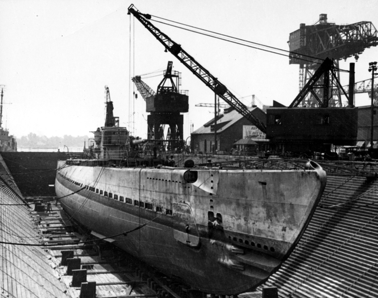 Ex-Nautilus on keel blocks drydocked at the Philadelphia Naval Shipyard, Pa., on 26 January 1946. (U.S. Navy Photograph 80-G-701715, National Archives and Records Administration, Still Pictures Division, College Park, Md.)