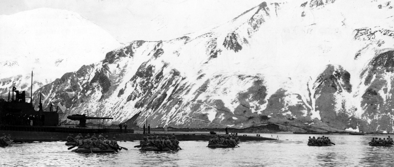 Nautilus at Dutch Harbor on 30 April 1943, training U.S. Army Scouts in preparation for their landing on Attu. (U.S. Navy Photograph 80-G-72701, National Archives and Records Administration, Still Pictures Division, College Park, Md.)