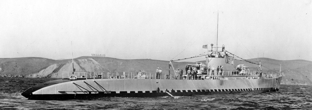 V-6 off Mare Island Light, 8 October 1930. Note large sign VALLEJO on the ridge in the background. (U.S. Navy Bureau of Ships Photograph RG 19-LCM, 19-MC-32-9, National Archives and Records Administration, Still Pictures Branch, College Park, Md.)
