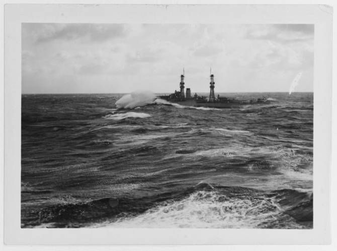 Nevada underway in 1925. "No we're not sinking, we'll come up again. This is a moderately heavy sea." Courtesy of Captain F. Kent Loomis, USN (Ret.), Assistant Director of Naval History. (Naval History and Heritage Command Photograph NH 63646)