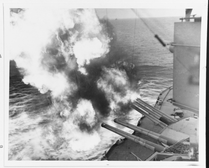 Forward 14/45 guns of Nevada fire on positions ashore, during the landings on Utah Beach, 6 June 1944. (U.S. Navy Photograph 80-G-252412 National Archives and Records Administration, Still Pictures Division, College Park, Md.)