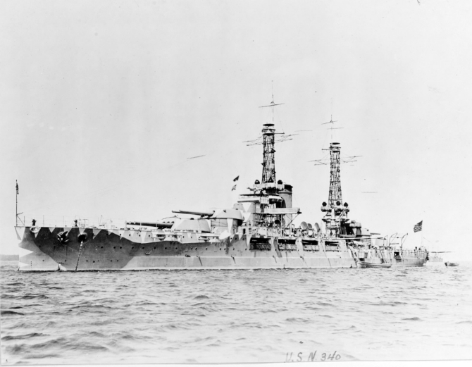 Nevada photographed circa 1917, painted with rangefinder-confusing camouflage. (Naval History and Heritage Command Photograph NH 45439)