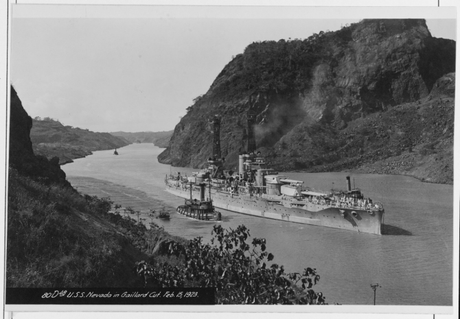 Nevada transiting the Panama Canal, 15 February 1923. (Naval History and Heritage Command Photograph NH 73829)